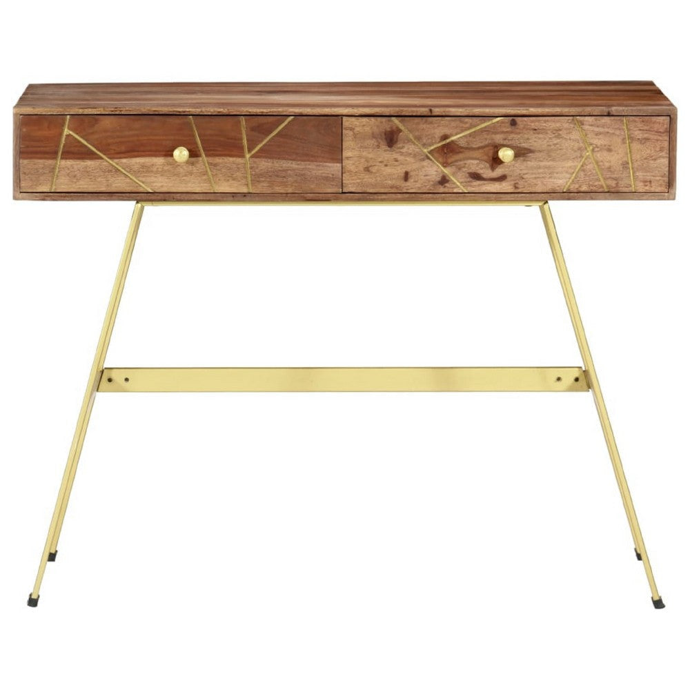 Writing Desk w 2 Drawers | 39’’ Brown Sheesham Wood | Gold Metal BM340559