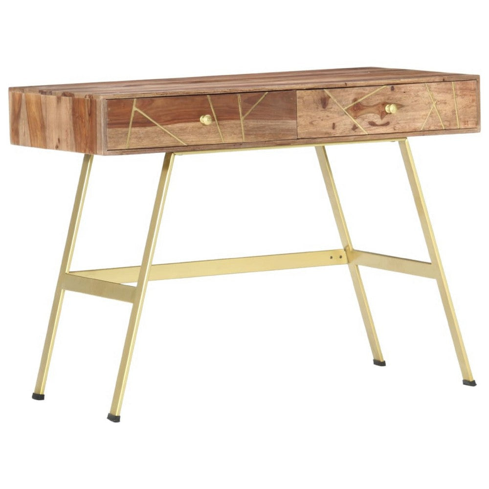 Writing Desk w 2 Drawers | 39’’ Brown Sheesham Wood | Gold Metal BM340559