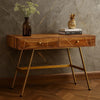 Writing Desk w 2 Drawers | 39" Brown Sheesham Wood | Gold Metal