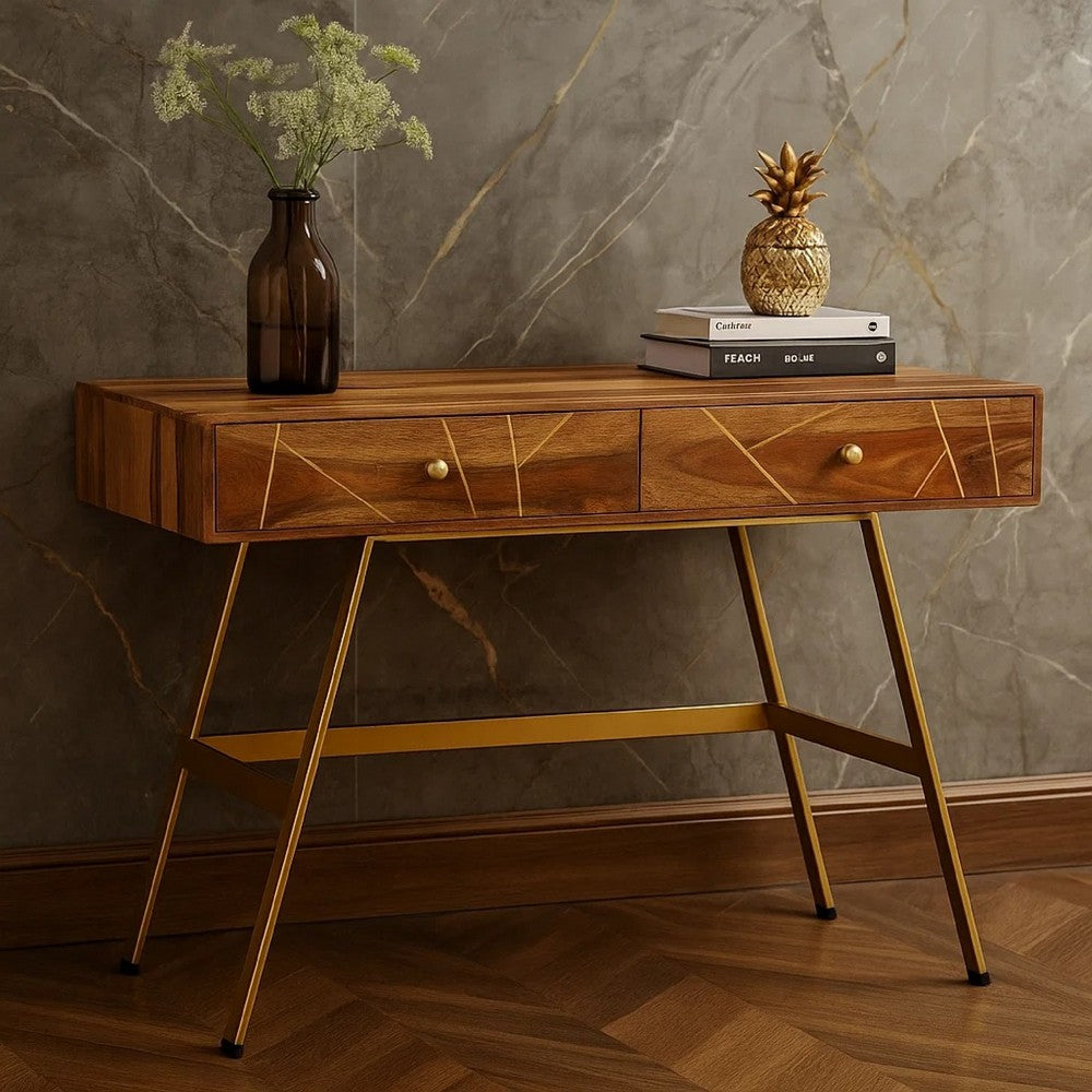 Writing Desk w 2 Drawers | 39" Brown Sheesham Wood | Gold Metal