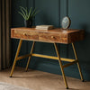 Writing Desk w 2 Drawers | 39" Brown Sheesham Wood | Gold Metal