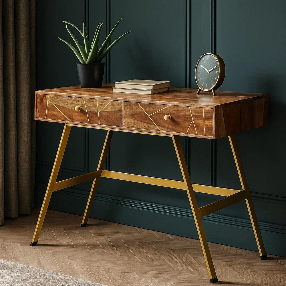 Writing Desk w 2 Drawers | 39" Brown Sheesham Wood | Gold Metal