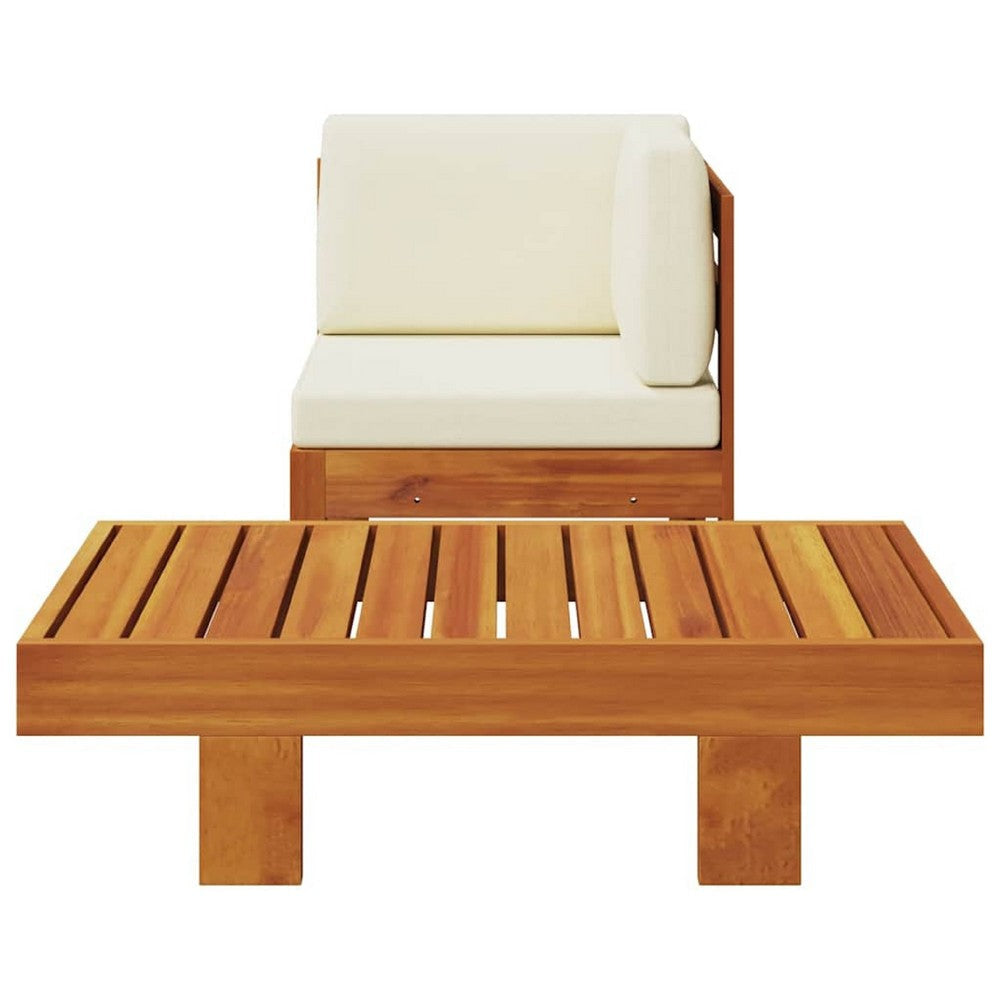 2pc Patio Corner Chair & Coffee Table Set | Slatted Brown Wood | Cream BM340560