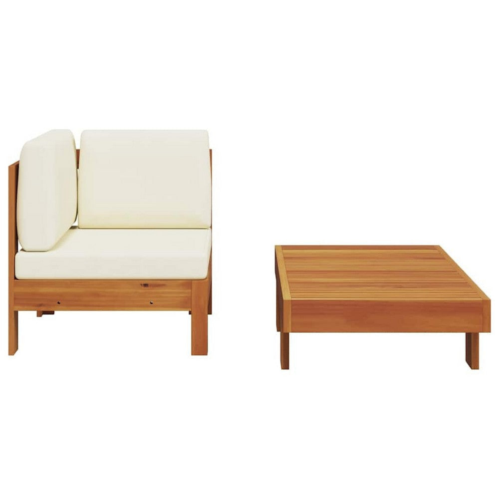 2pc Patio Corner Chair & Coffee Table Set | Slatted Brown Wood | Cream BM340560