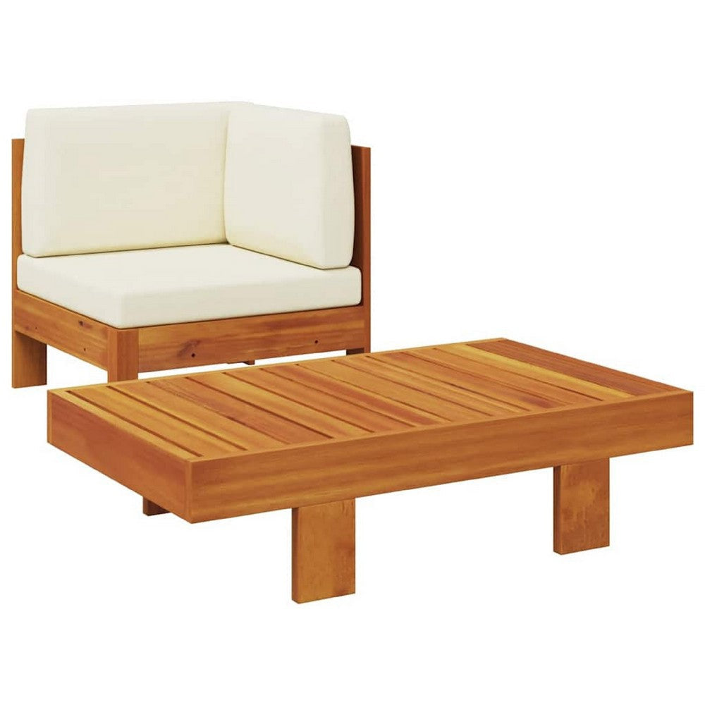 2pc Patio Corner Chair & Coffee Table Set | Slatted Brown Wood | Cream