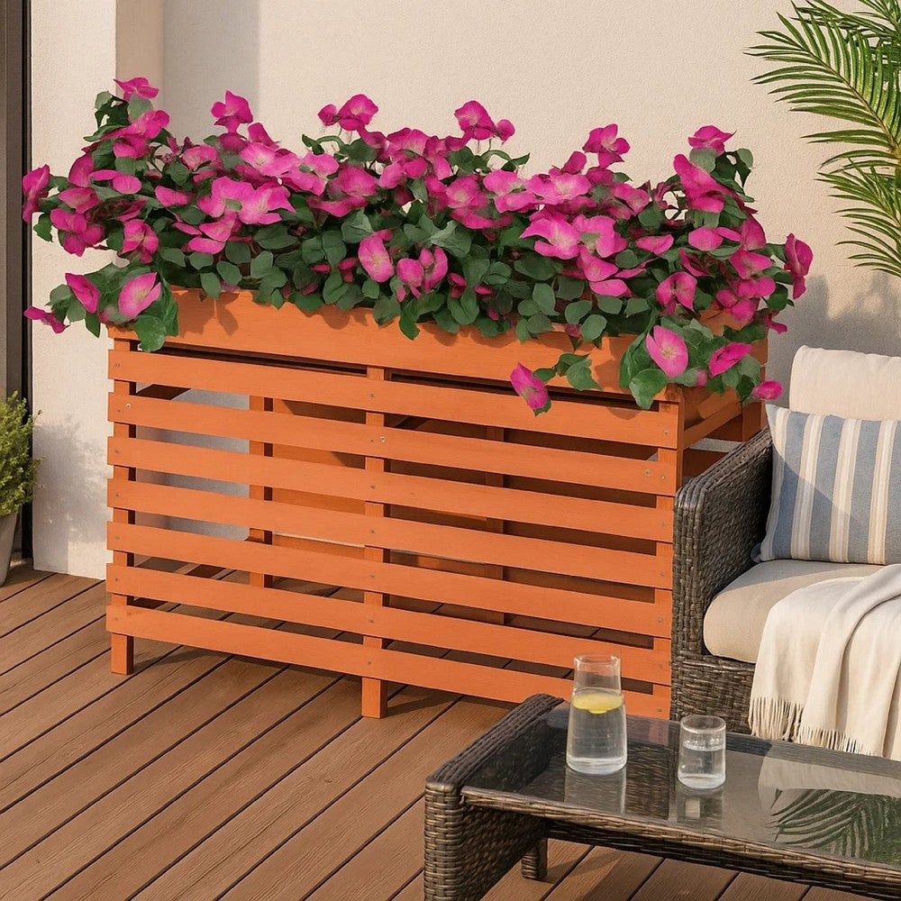 Outdoor Raised Planter | 39" | Slatted Design | Brown Solid Fir Wood