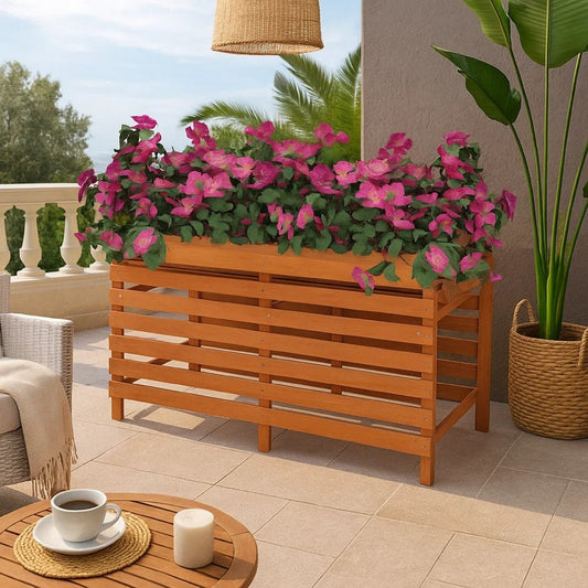 Outdoor Raised Planter | 39" | Slatted Design | Brown Solid Fir Wood