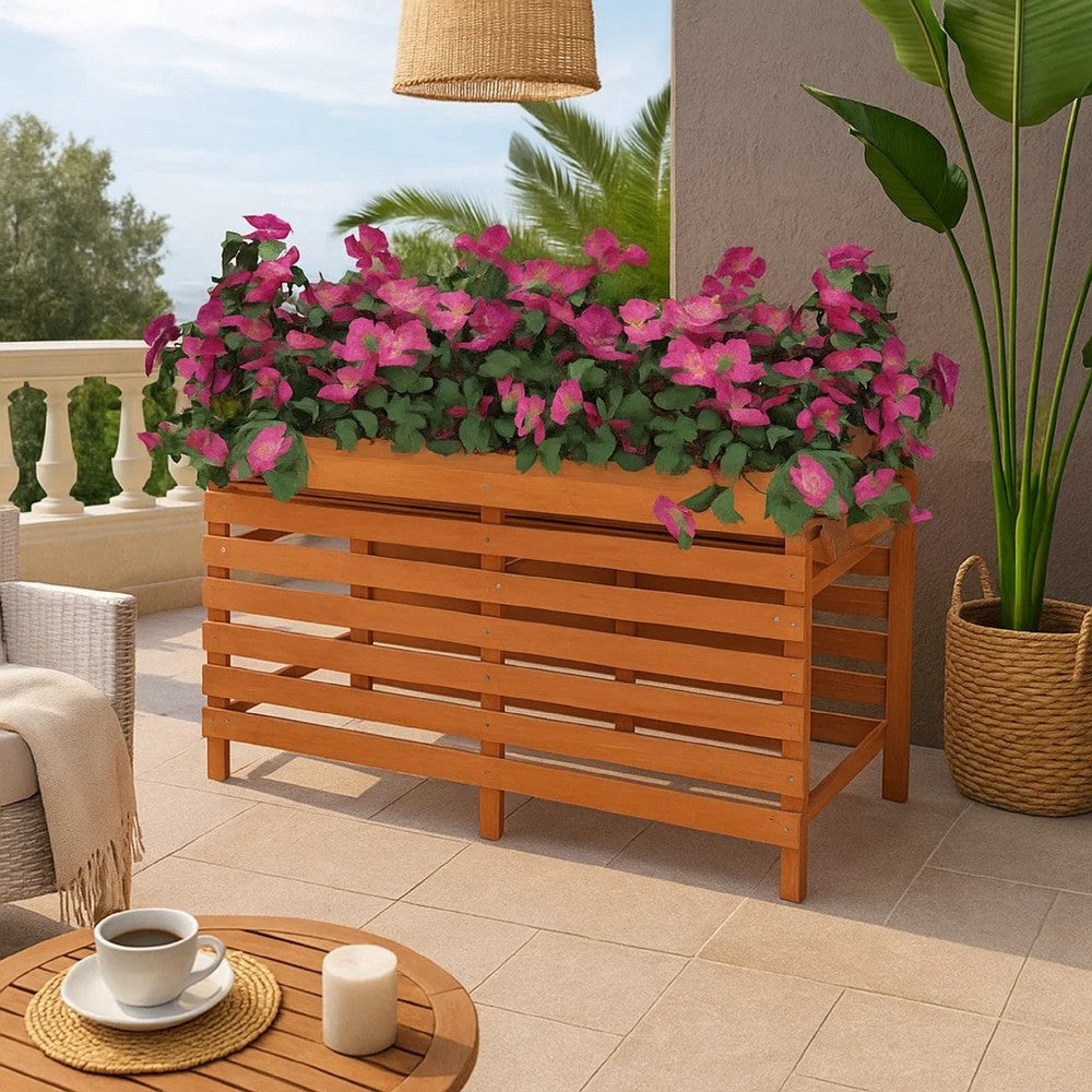Outdoor Raised Planter | 39" | Slatted Design | Brown Solid Fir Wood