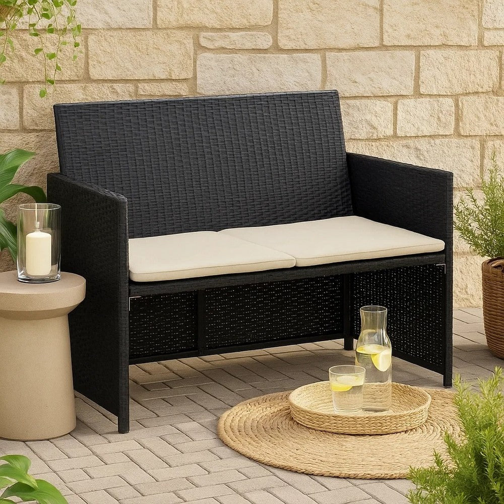 Naha Outdoor Sofa | 39" | Black Wicker Rattan Frame | Beige Padded Seat