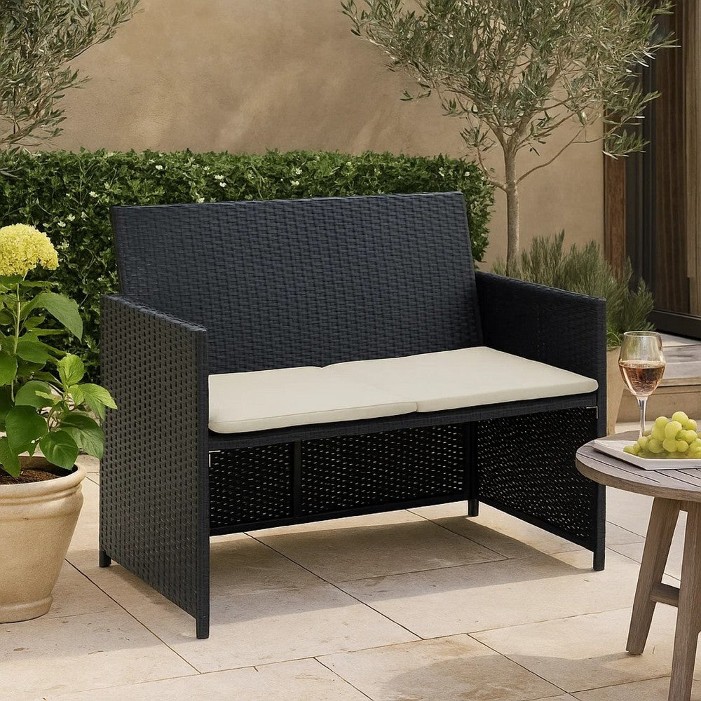 Naha Outdoor Sofa | 39" | Black Wicker Rattan Frame | Beige Padded Seat