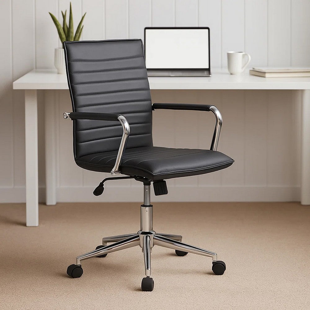 Kenny Commercial Grade Rolling Office Armchair Chrome Arms | Black Vinyl BM340707
