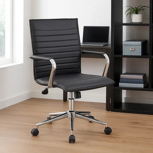 Kenny Commercial Grade Rolling Office Armchair Chrome Arms | Black Vinyl BM340707