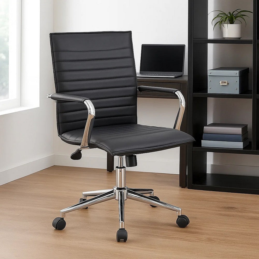 Kenny Commercial Grade Rolling Office Armchair, Chrome Arms | Black Vinyl