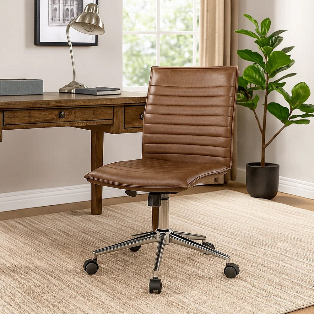 Haily Rolling Armless Commercial Grade Chair w Chrome Base | Brown Vinyl BM340711