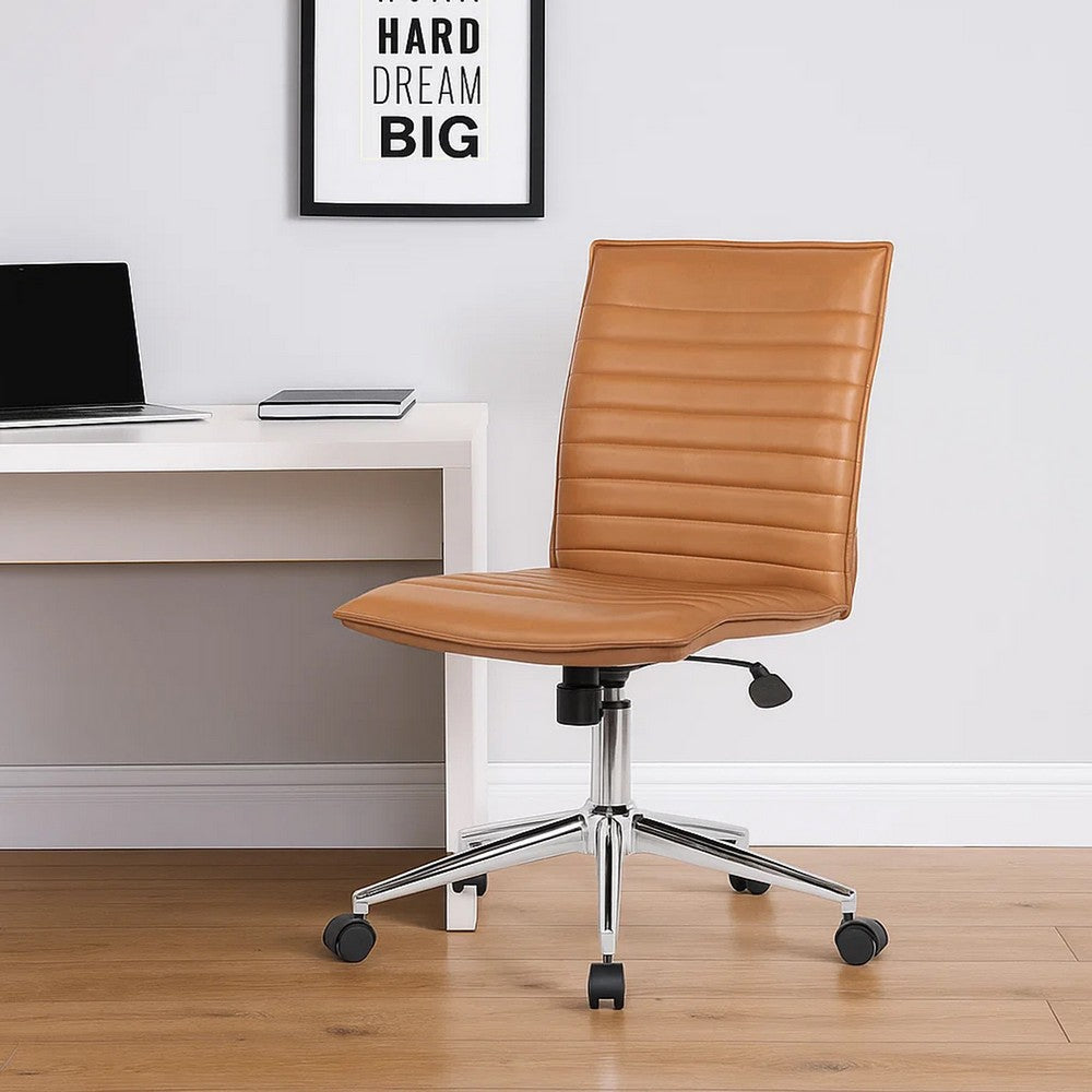 Haily Rolling Armless Chair w Chrome Base | Caramel Brown Vinyl BM340712