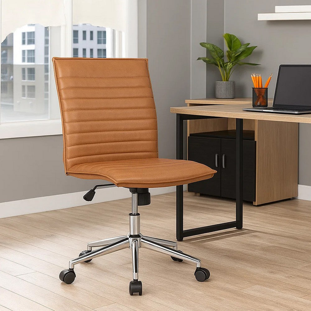 Haily Rolling Armless Chair w Chrome Base | Caramel Brown Vinyl