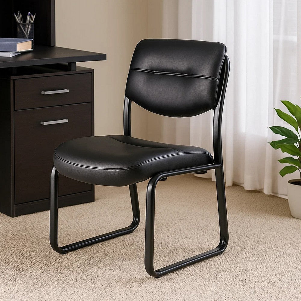 Eve Side Chair w Sled Base | Steel Frame | Black Faux Leather