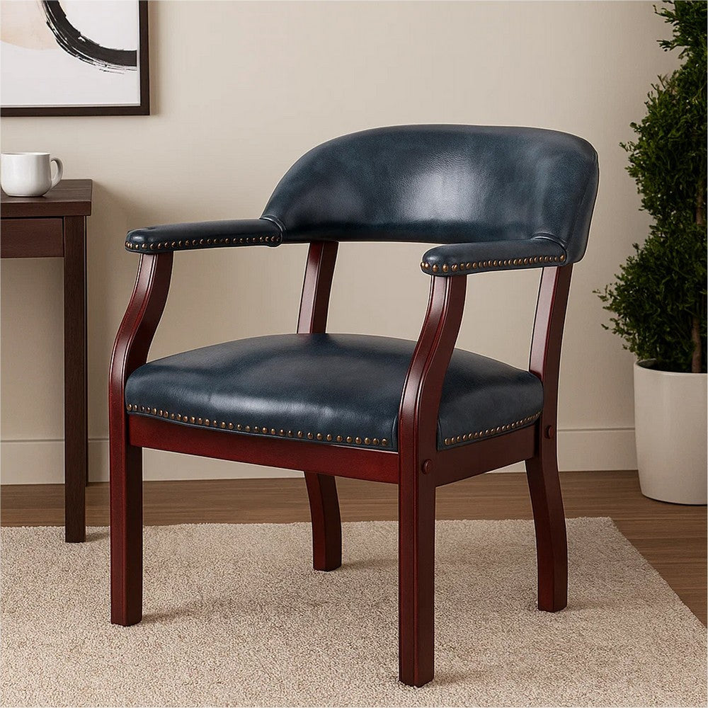 Elon Guest Chair w Brass Nailhead Trim | Mahogany Wood | Blue Vinyl BM340714