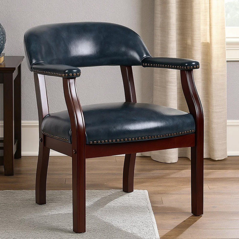 Elon Guest Chair w Brass Nailhead Trim | Mahogany Wood | Blue Vinyl