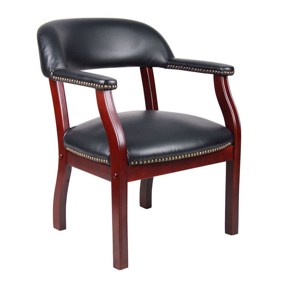 Elon Guest Chair w Brass Nailhead Trim | Mahogany Wood | Black Caressoft BM340715