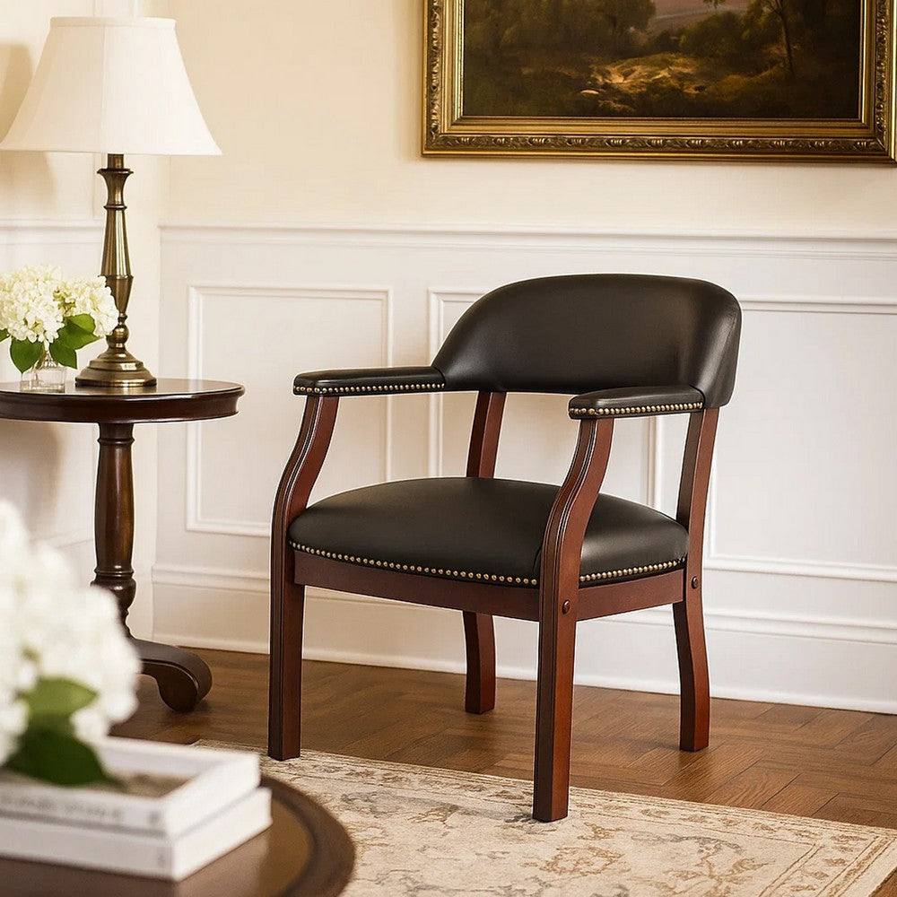 Elon Guest Chair w Brass Nailhead Trim | Mahogany Wood | Black Caressoft BM340715