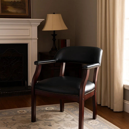 Elon Guest Chair w Brass Nailhead Trim | Mahogany Wood | Black Caressoft