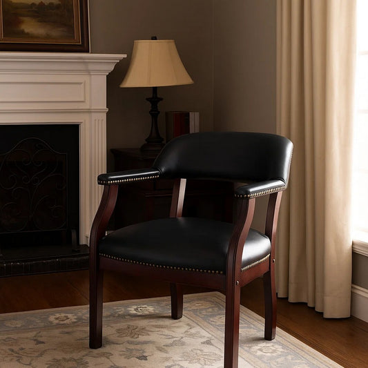 Elon Guest Chair w Brass Nailhead Trim | Mahogany Wood | Black Caressoft