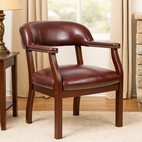 Elon Guest Chair | Brass Nailhead Trim | Mahogany | Burgundy Oxblood Vinyl