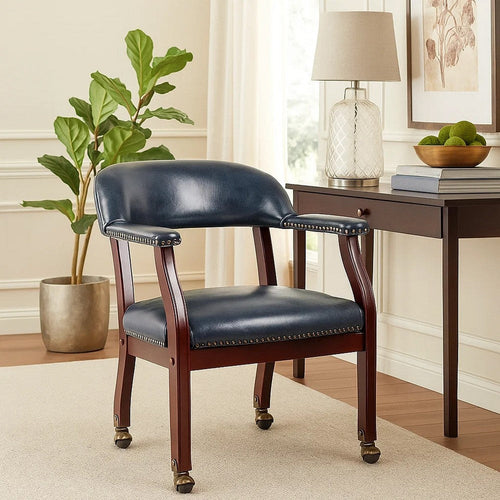 Anna Captain Chair | Brass Rivet Trim | Hooded Caster Wheels | Blue Vinyl BM340717