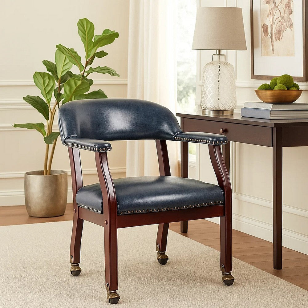 Anna Captain Chair | Brass Rivet Trim | Hooded Caster Wheels | Blue Vinyl