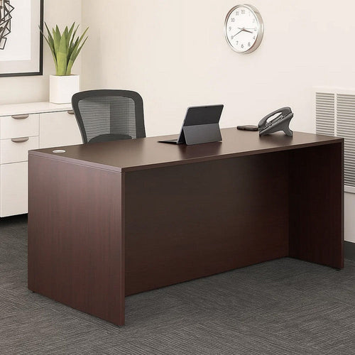 Nea Desk Shell | 71" Reception Top | Panel Legs | Mocha Brown Wood