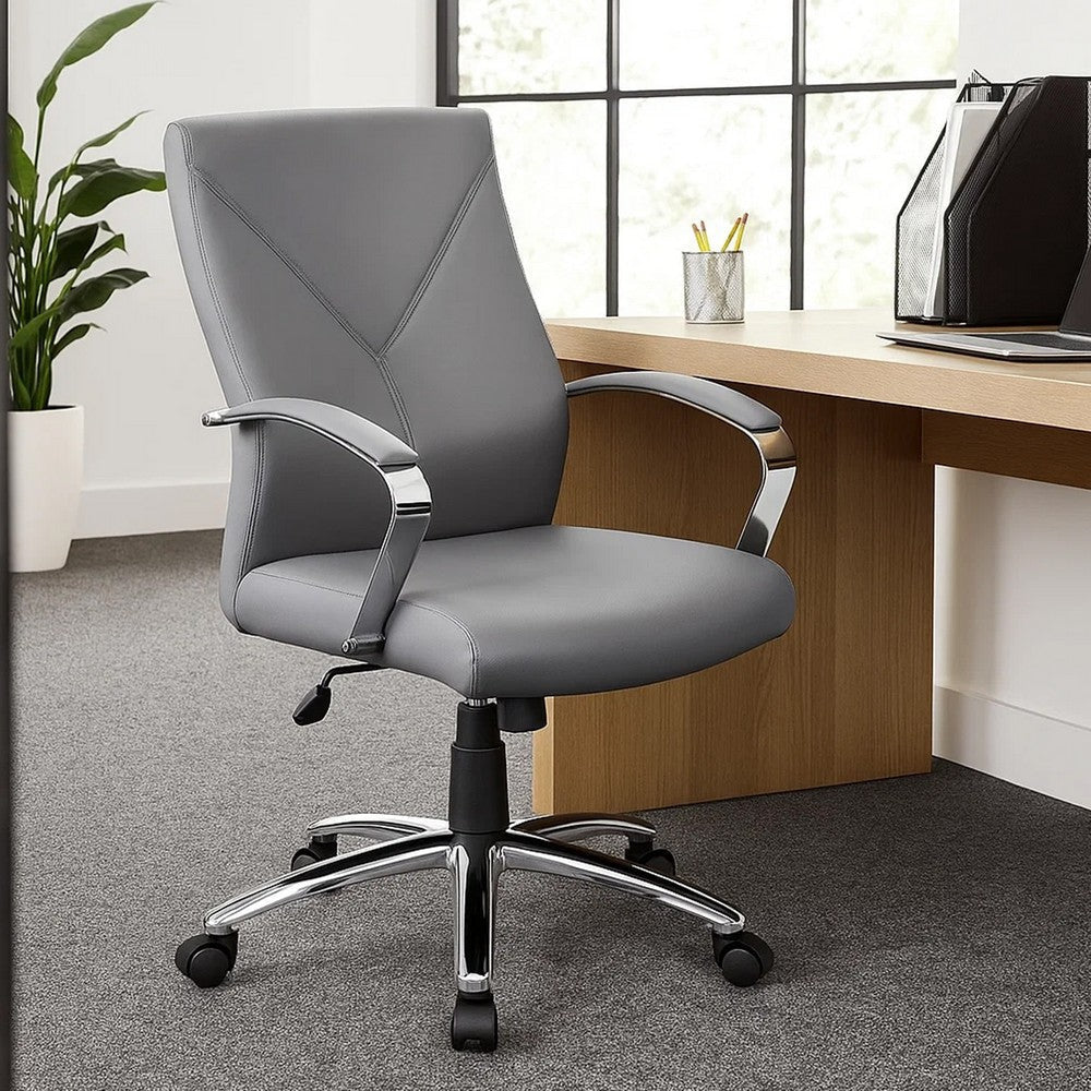 Roe Executive Swivel Chair | High Back Gray Faux Leather | Chrome Metal BM340749