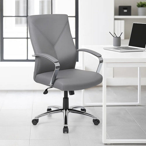 Roe Executive Swivel Chair | High Back Gray Faux Leather | Chrome Metal BM340749