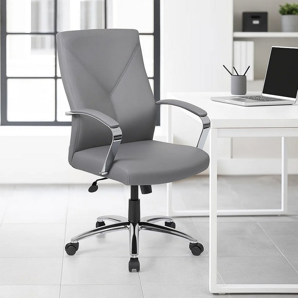 Roe Executive Swivel Chair | High Back Gray Faux Leather | Chrome Metal BM340749