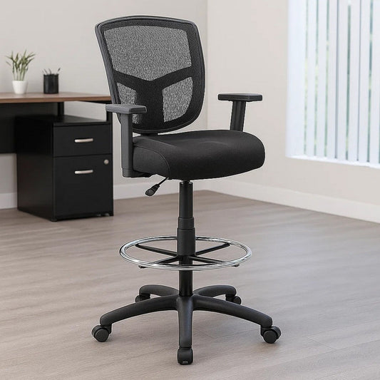 Mea Drafting Stool Chair | Adjustable Arms | Black Mesh | Chrome Footring BM340756
