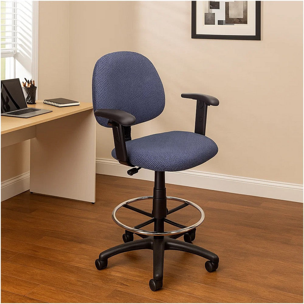 Jea Drafting Stool Chair | Adjustable Arms | Blue Tweed | Round Footring