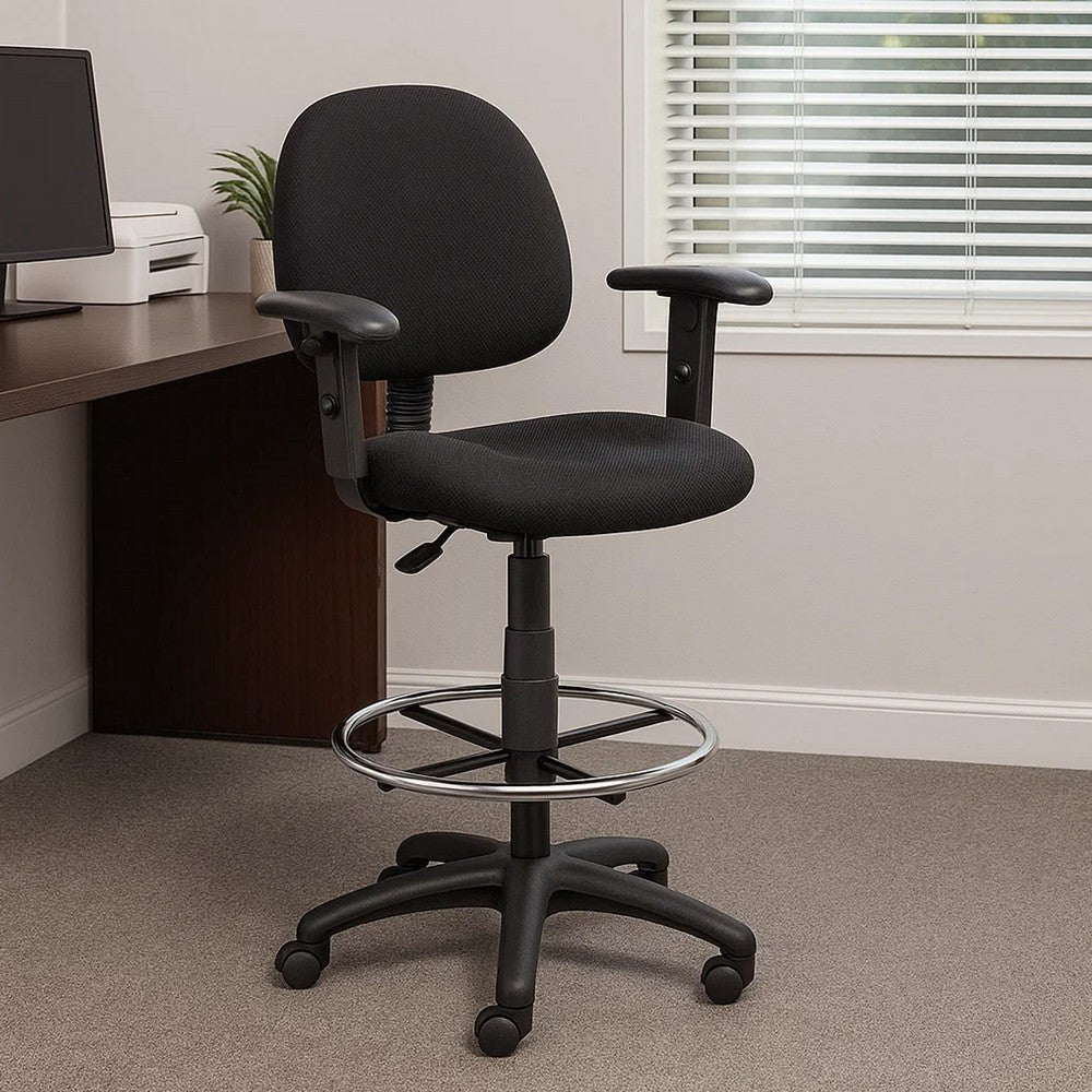 Jea Drafting Stool Chair | Adjustable Arms | Black Tweed | Round Footring