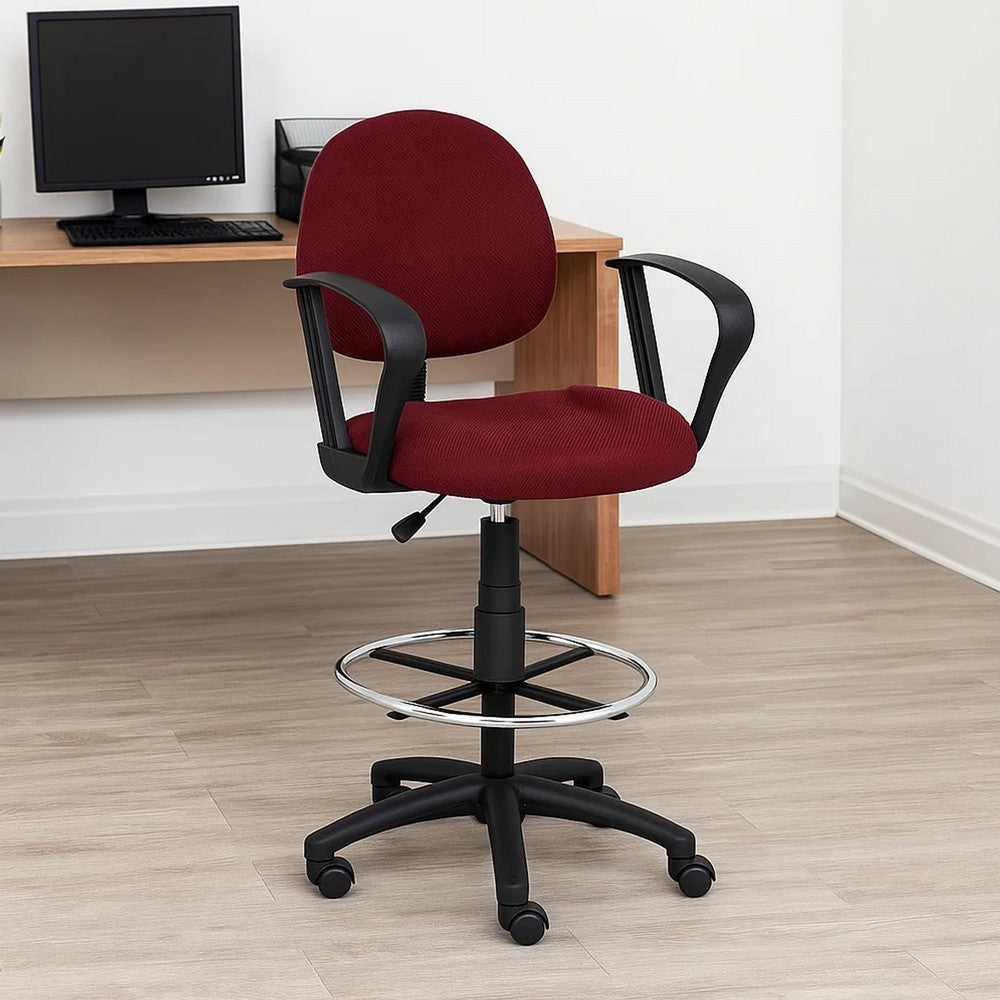 Jea Drafting Stool Chair | Loop Arms | Burgundy Red Tweed | Round Footring