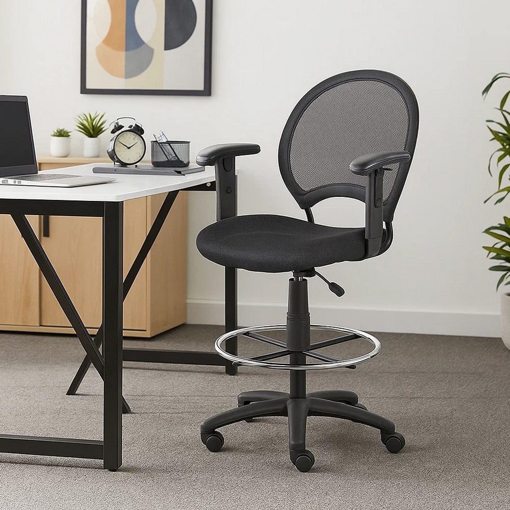 Rea Drafting Stool Chair | Adjustable Arms | Black Mesh | Chrome Footring BM340769