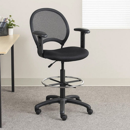 Rea Drafting Stool Chair | Adjustable Arms | Black Mesh | Chrome Footring BM340769