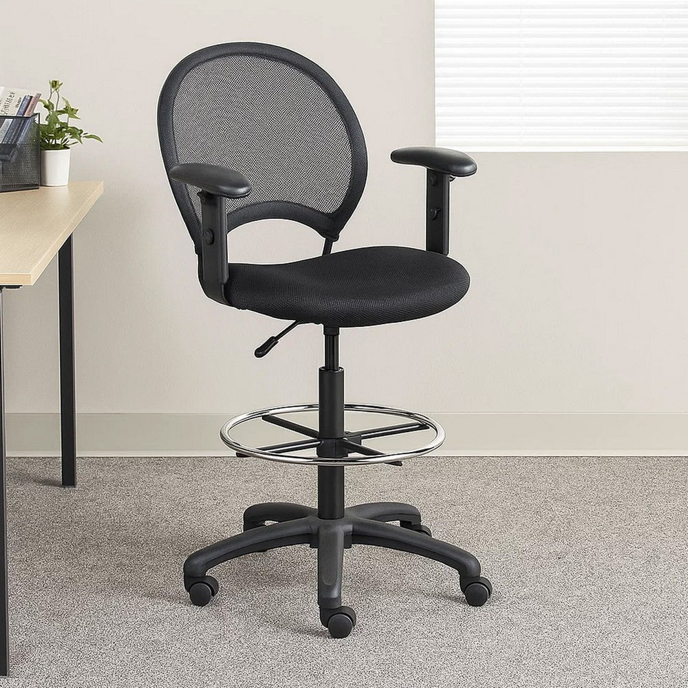 Rea Drafting Stool Chair | Adjustable Arms | Black Mesh | Chrome Footring