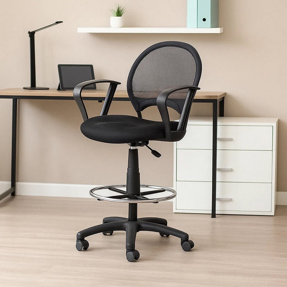 Rea Drafting Stool Chair | Loop Arms | Black Mesh | Chrome Footring BM340770