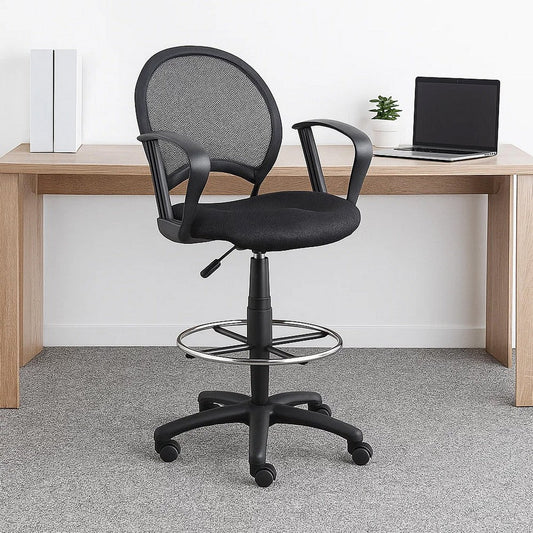 Rea Drafting Stool Chair | Loop Arms | Black Mesh | Chrome Footring BM340770