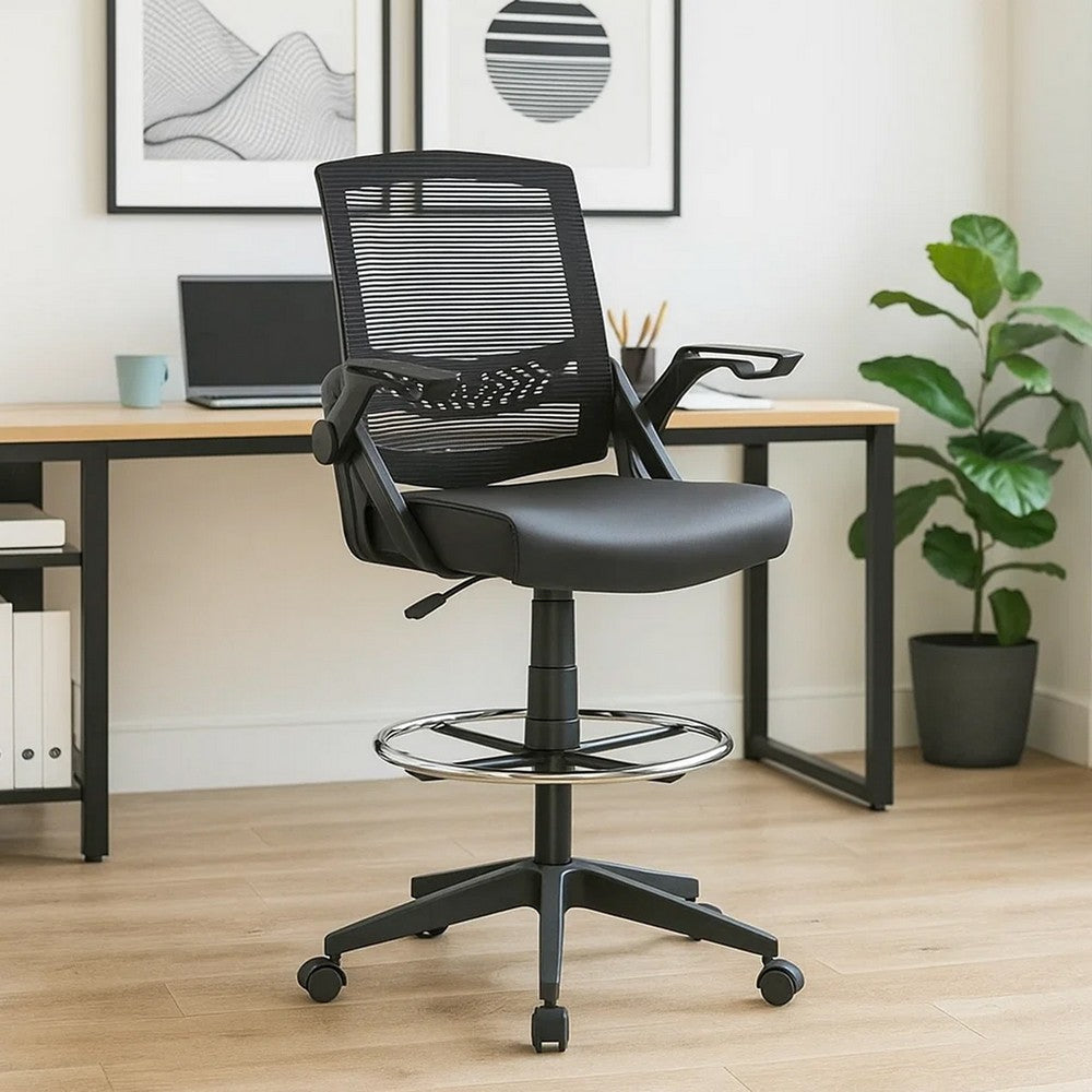 Drafting Stool Chair | Flip-Up Arms | Black Linear Mesh | Chrome Footring BM340771