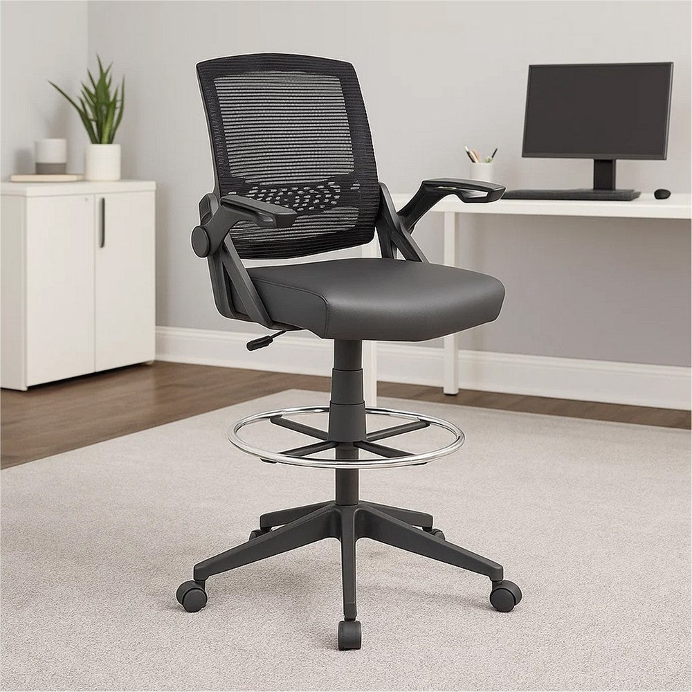 Drafting Stool Chair | Flip-Up Arms | Black Linear Mesh | Chrome Footring