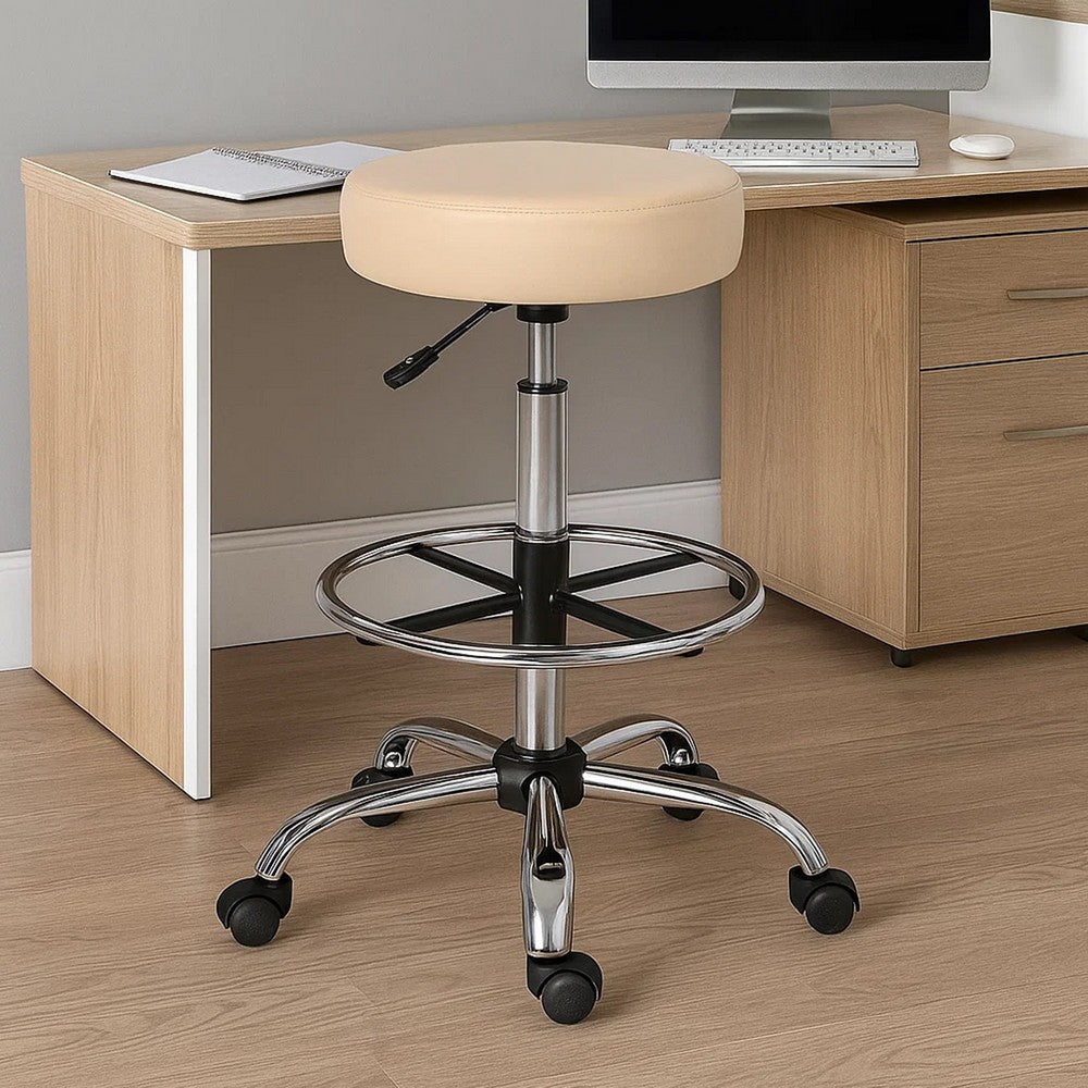 Fea Medical Drafting Stool | Round Beige Vinyl | Chrome Footring