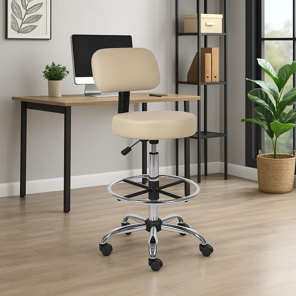 Fea Medical Drafting Stool | Beige Vinyl | Low Back & Padded Seat | Chrome BM340775