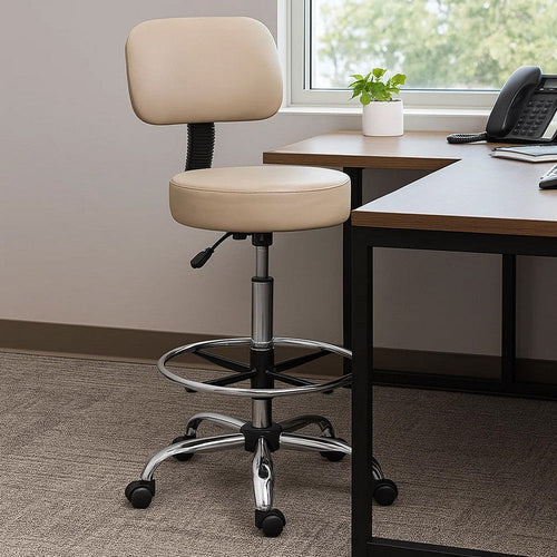 Fea Medical Drafting Stool | Beige Vinyl | Low Back & Padded Seat | Chrome BM340775