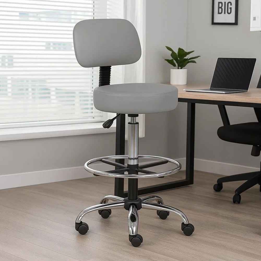 Fea Medical Drafting Stool | Gray Vinyl | Low Back & Padded Seat | Chrome