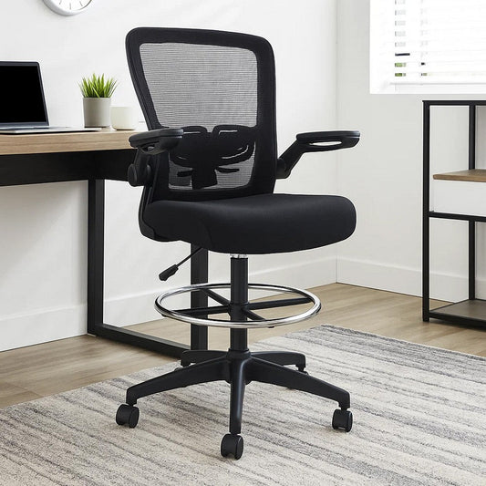 Dea Drafting Stool Chair | Flip-Up Arms | Black Mesh | Chrome Footring BM340779